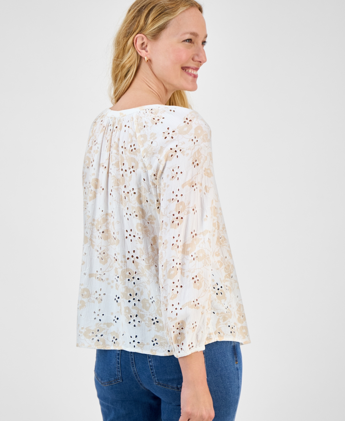 Style & Co Women's Printed 3/4 Sleeve Eyelet Top, Exclusively At Macy's