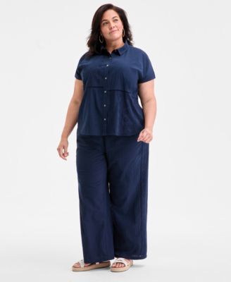 Plus Size Eyelet Camp Shirt, Exclusively at Macy's 