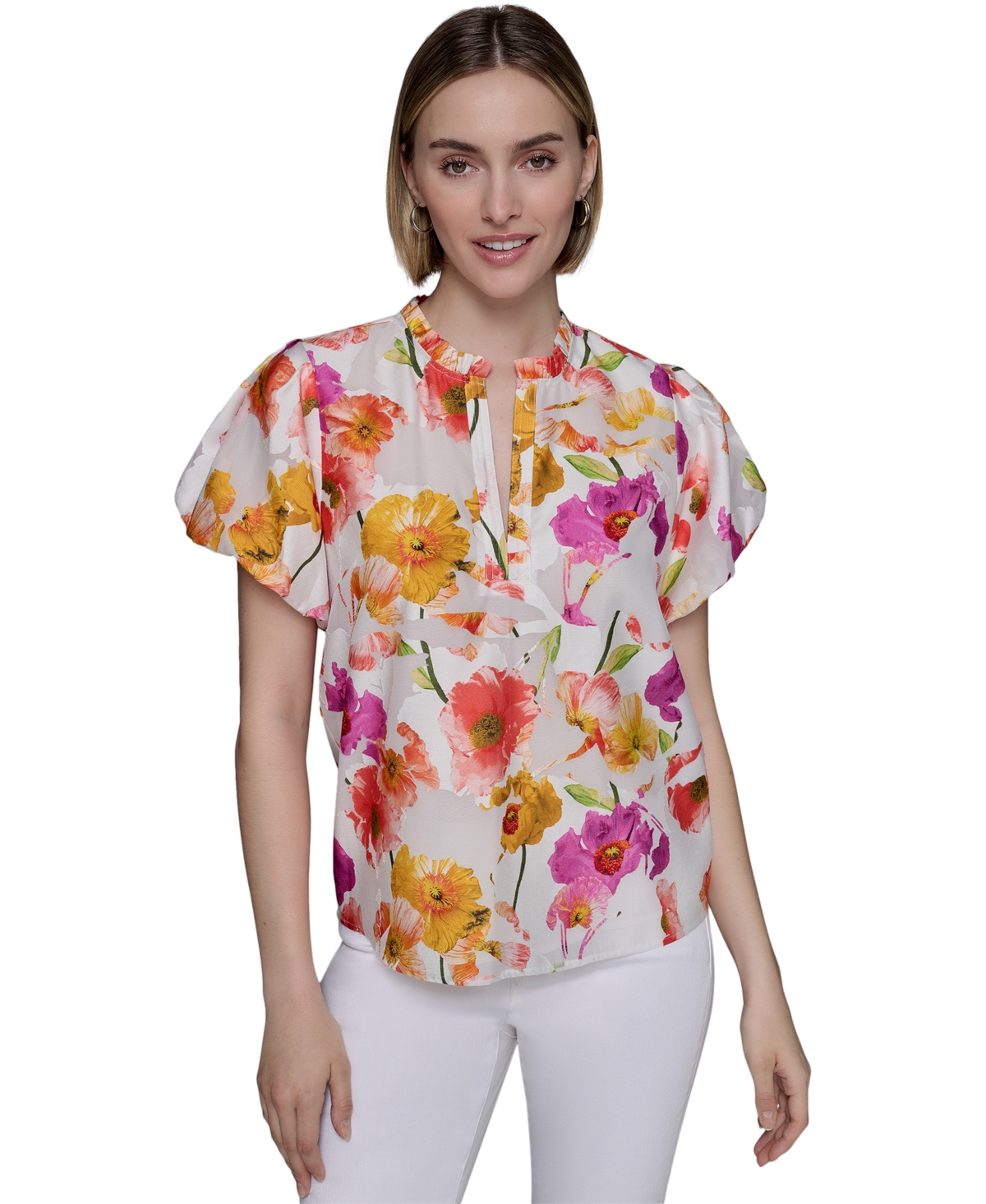 KARL LAGERFELD PETITE FLORAL-PRINT FLUTTER-SLEEVE TOP 