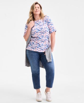 Plus Size Printed Elbow-Sleeve Knit Top, Exclusively at Macy's 