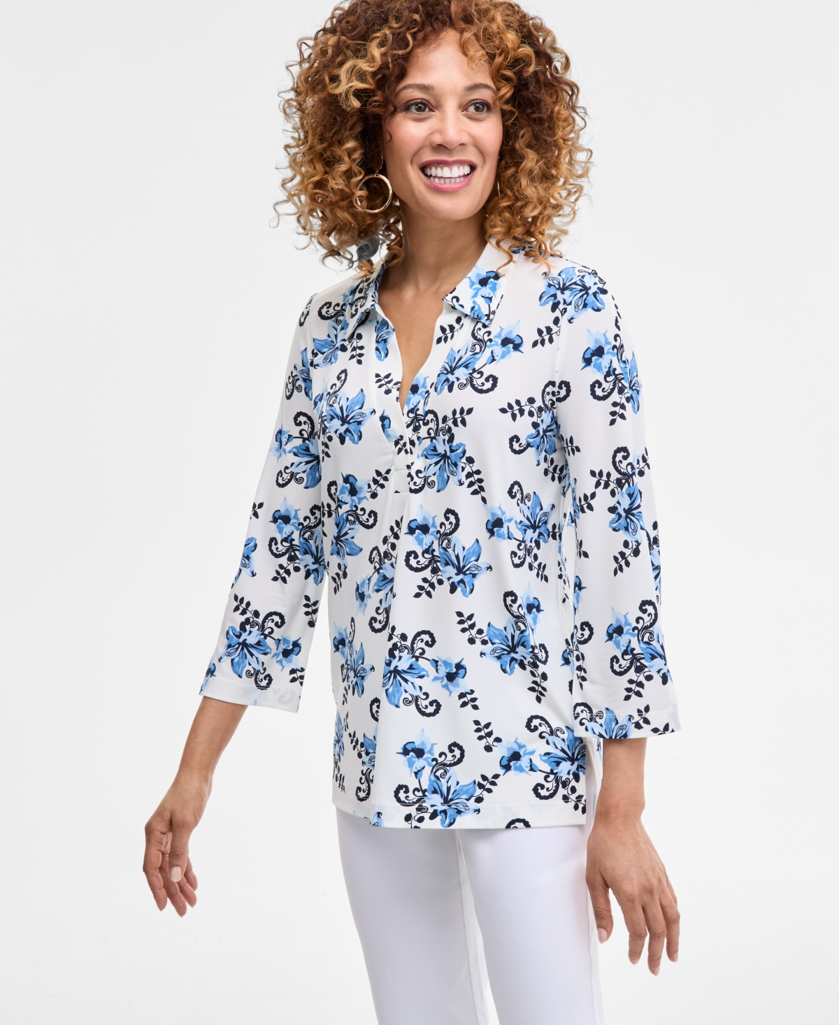 Women's Printed Collared 3/4-Sleeve Top, Exclusively at Macy's - Pale Pink Combo