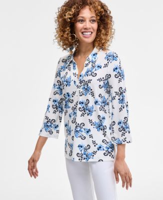 売れ筋商品|||ジェイエムコレクション カットソー トップス レディース Petite Floral-Print Johnny-Collar Tunic, Exclusively at Macy's Intrepid Blue Combo JM Collection Petite Floral-Print Johnny-Collar Tunic