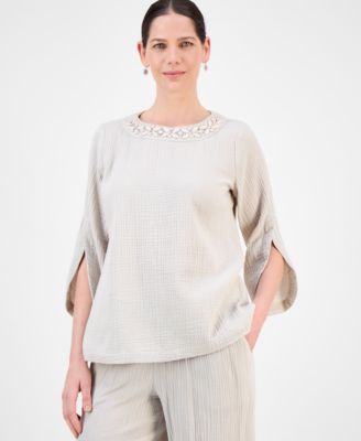 JM Collection - Women's Embellished Cotton Gauze Top, Exclusively at Macy's