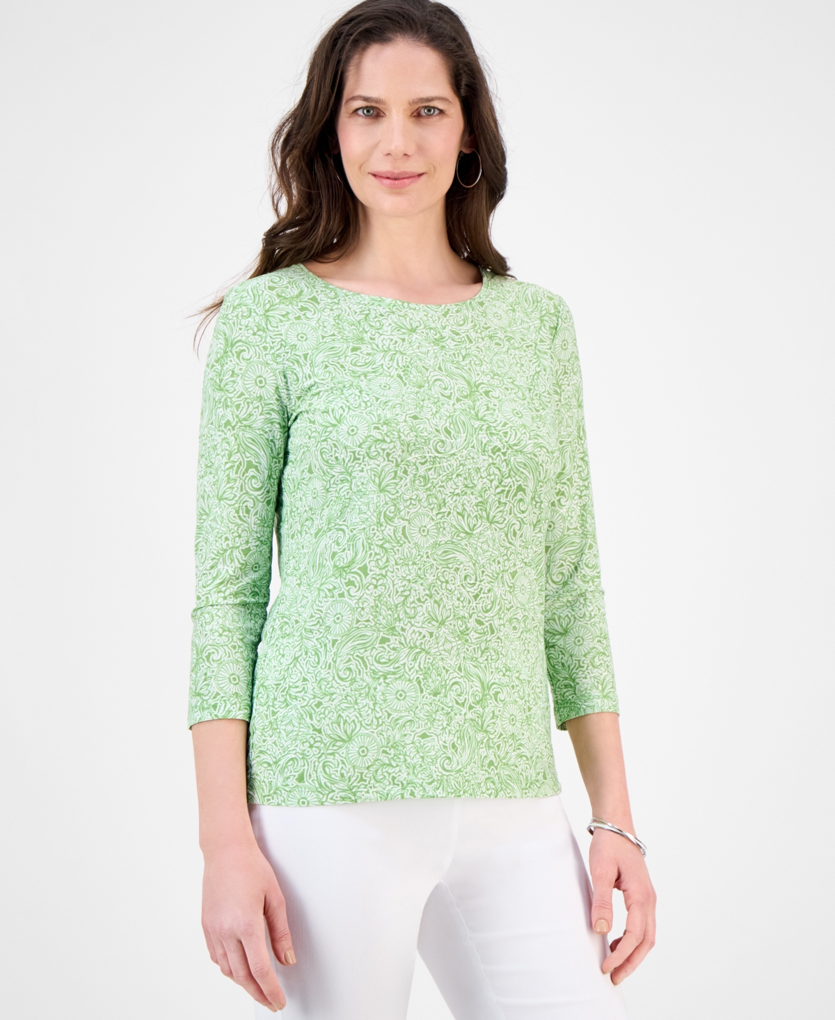 Women's Printed 3/4 Sleeve Scoop-Neck Jacquard Top, Exclusively at Macy's - Green Frond Combo