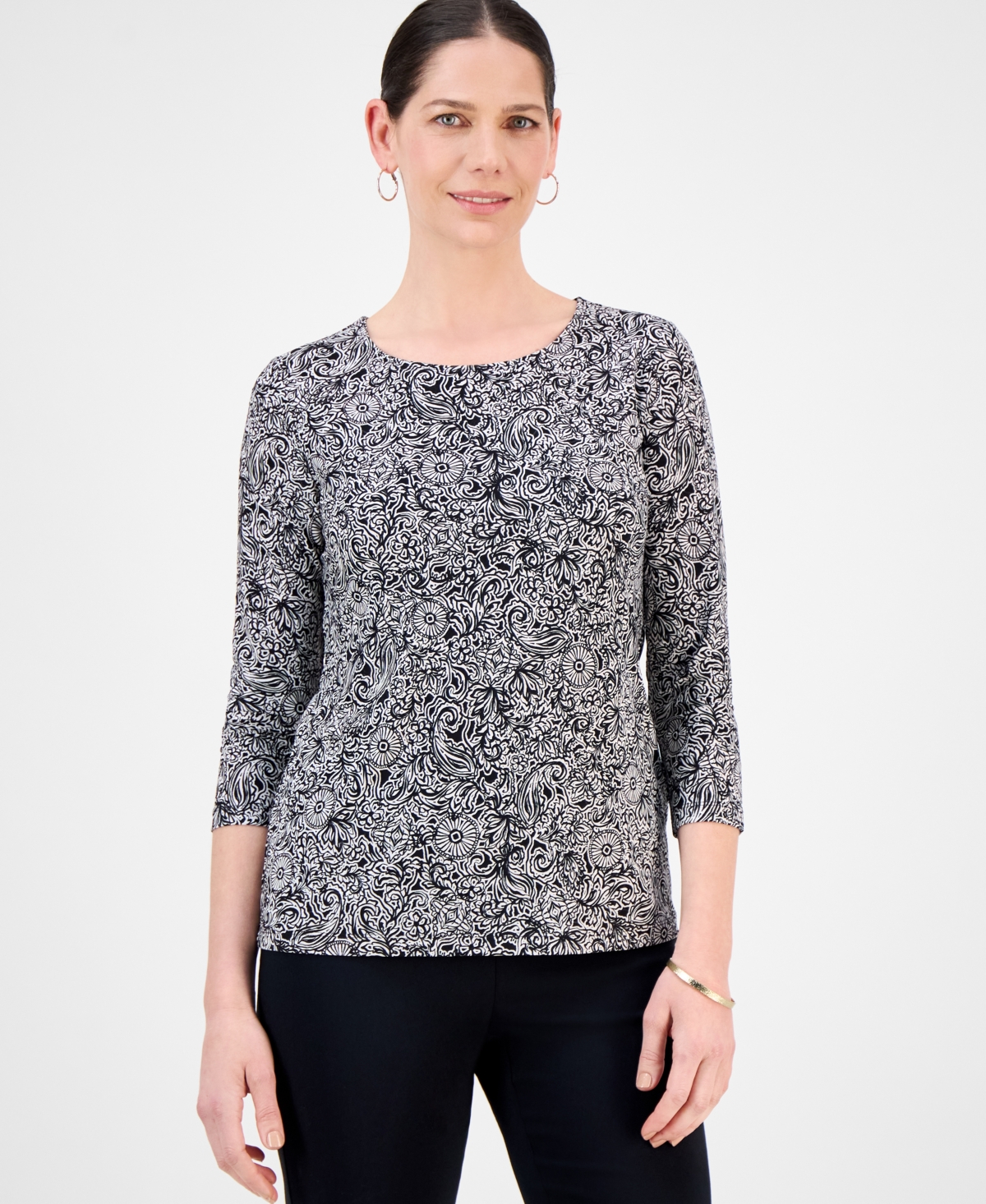 Women's Printed 3/4 Sleeve Scoop-Neck Jacquard Top, Exclusively at Macy's - Green Frond Combo