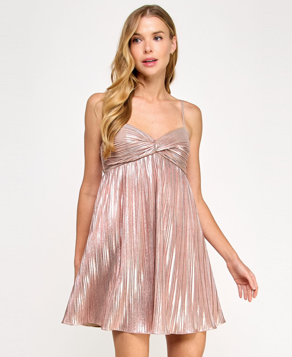 Juniors' Metallic Pleated Fit & Flare Dress - Rose Gold