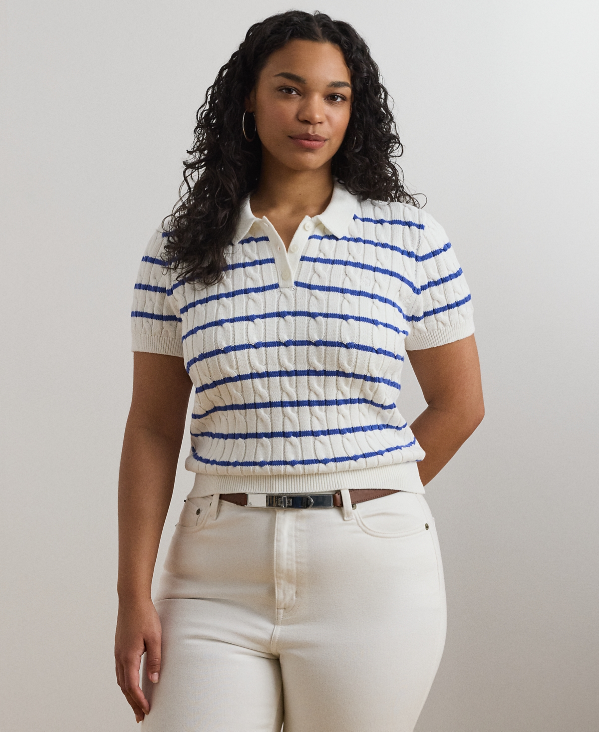Plus Size Striped Cable-Knit Cotton Polo Sweater - White Blue Lapis