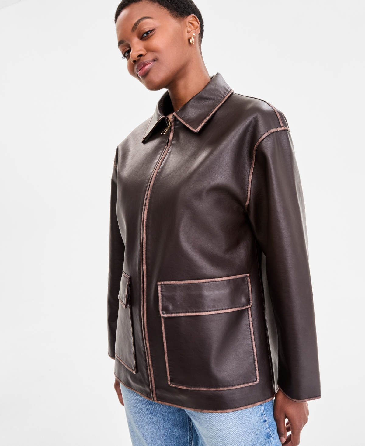 Bcbgmaxazria Petite Zip-front Leather Jacket In Brown