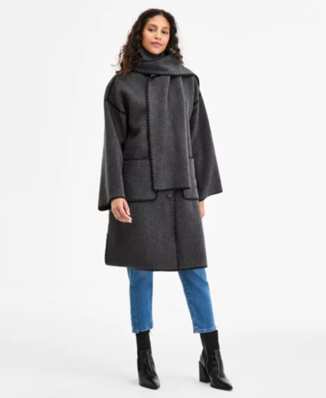 Petite Button-Front Scarf Coat - Charcoal