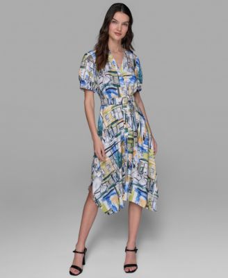 KARL LAGERFELD PARIS - Women's Printed Paris Scene Belted High-Low Dress