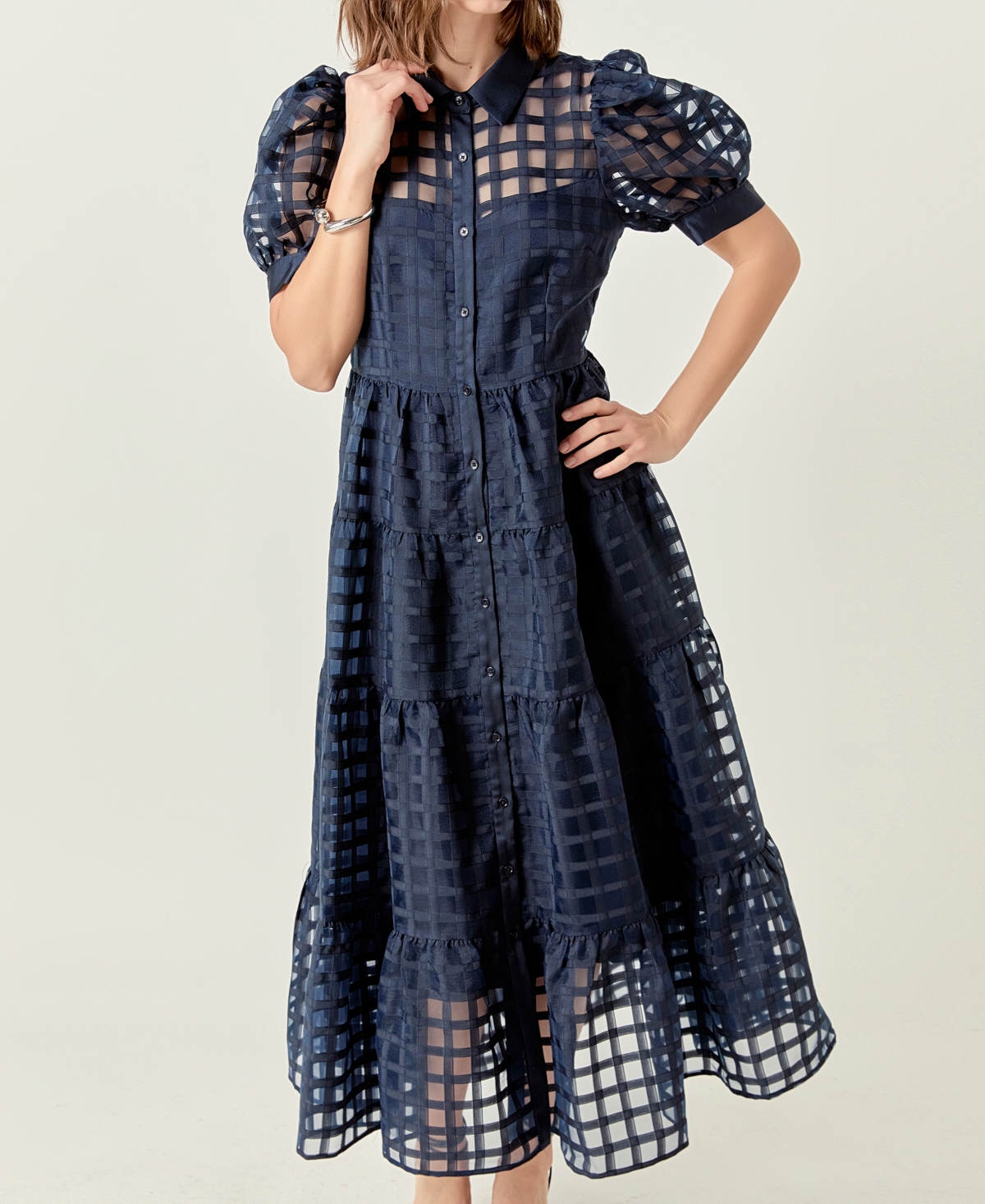 ENGLISH FACTORY WOMEN'S GRIDDED ORGANZA TIERED MAXI DRESS 