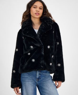 Women's Short Embellished Faux-Fur Coat