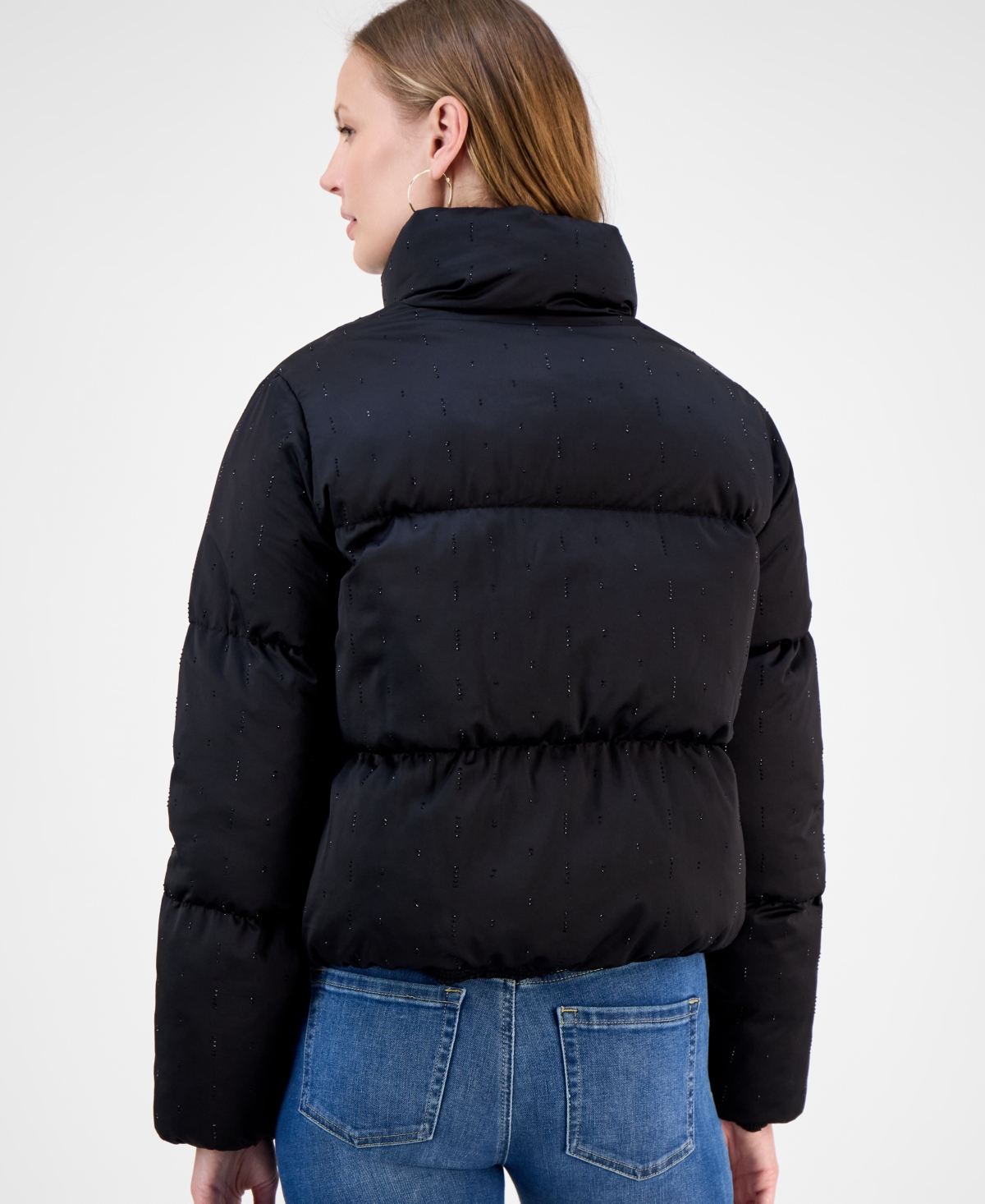 Cece Women's Embellished Stand-collar Puffer Jacket In Black