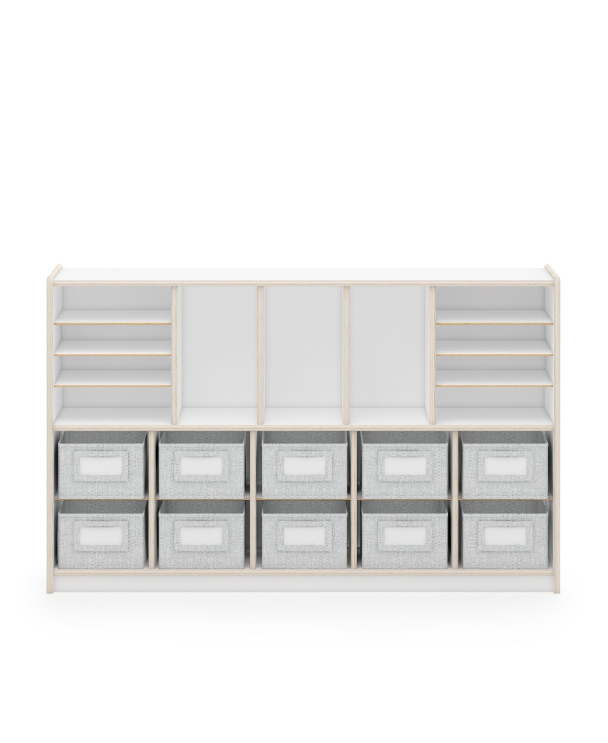 Guidecraft EdQ Shelves and 10 Bin Storage Unit 30" Natural: Wooden Bookcase with Compartments for Kids' Toys Books Playroom