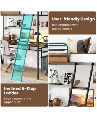 Twin Size Loft Bed Metal Bed Frame with Ladder and Guardrails