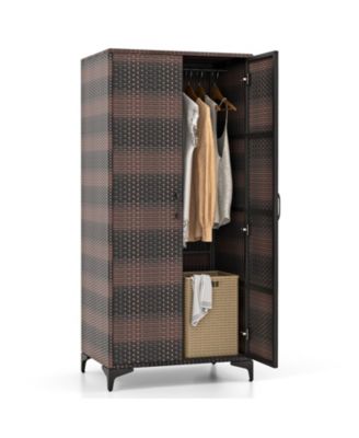 PE Rattan Wicker Wardrobe with 2 Doors and Hanging Rod – Elegant Storage Cabinet for Bedroom or Closet