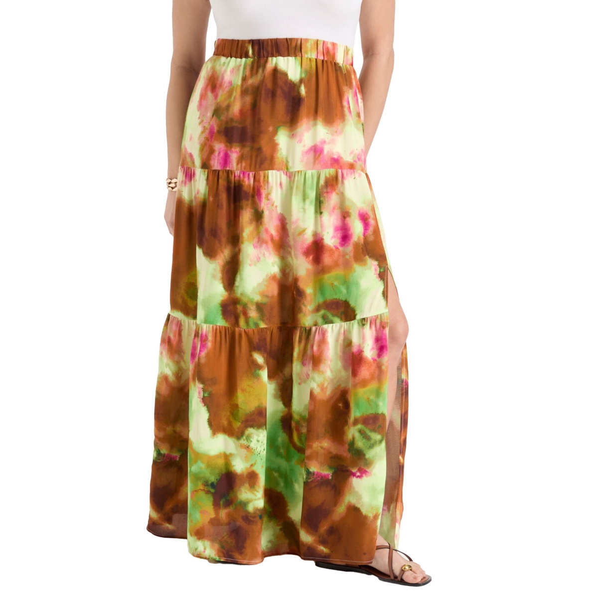 Plus Size June + Vie High-Slit Maxi Skirt - Watercolor tie dye