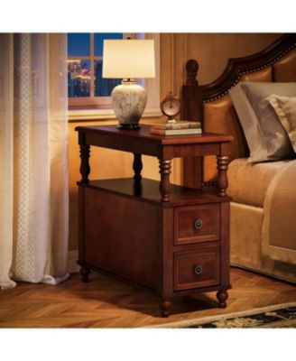 Solid Wood Nightstand with 2 Drawers, Mid-Century Modern Night Stand with Open Shelf, Vintage Bedside Table for Bedroom, Easy to Assemble (Dark Cherry Wood Color)