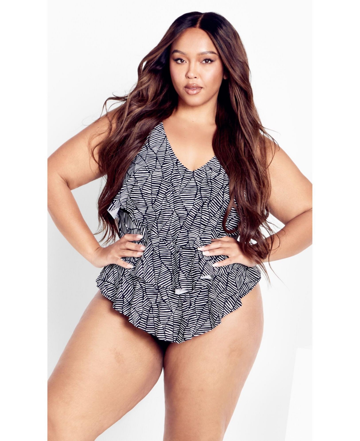 Plus Size Pia V-Tiered 1-Piece Swimsuit - Black print