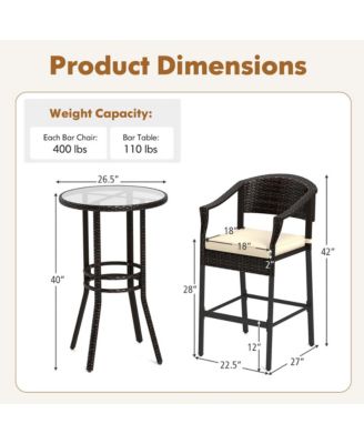 3 Pc Wicker Tempered Glass Patio Bar Set with Armchairs & Round Table