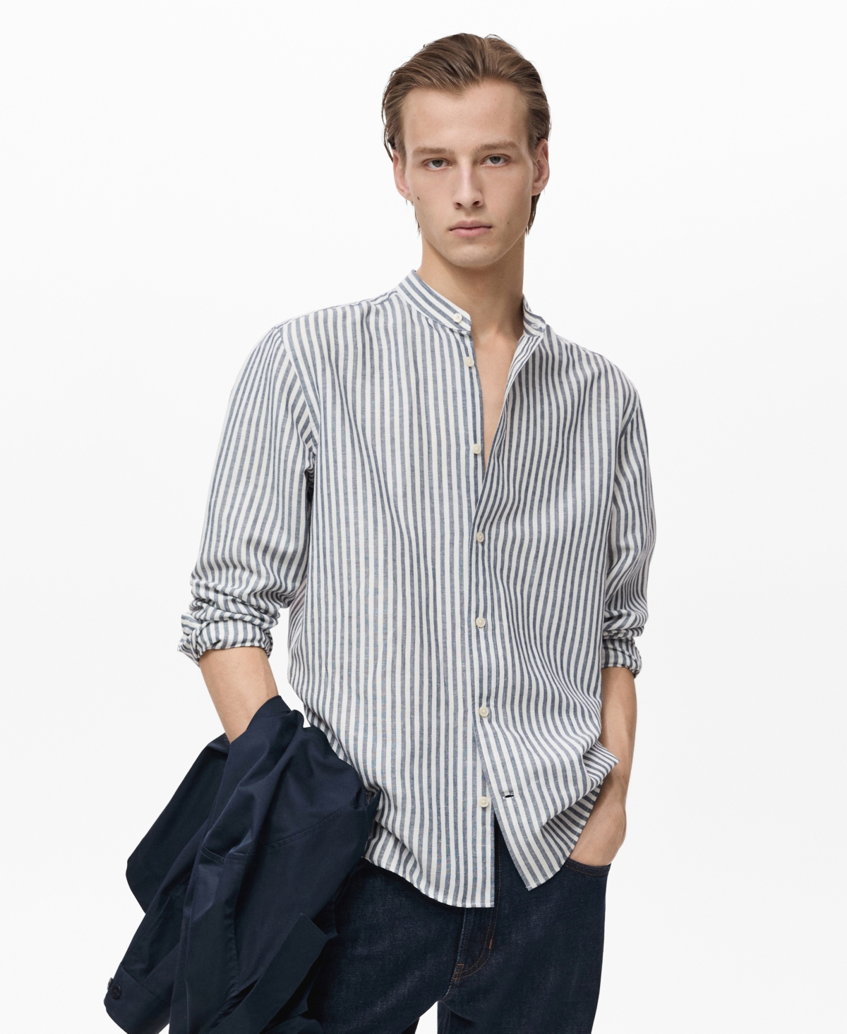 Mango Mandarin Collar Linen & Cotton Button-up Shirt In Gray