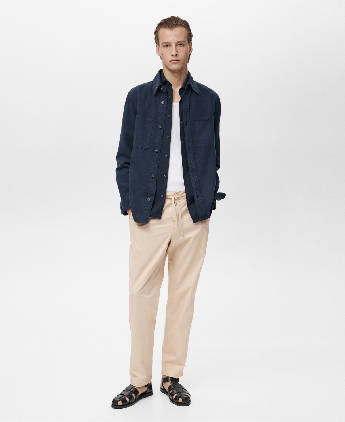 Mango Drawstring Straight Leg Poplin Pants In Neutral