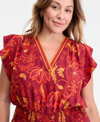 Plus Size Printed Smocked-Waist Flutter-Sleeve Maxi Dress