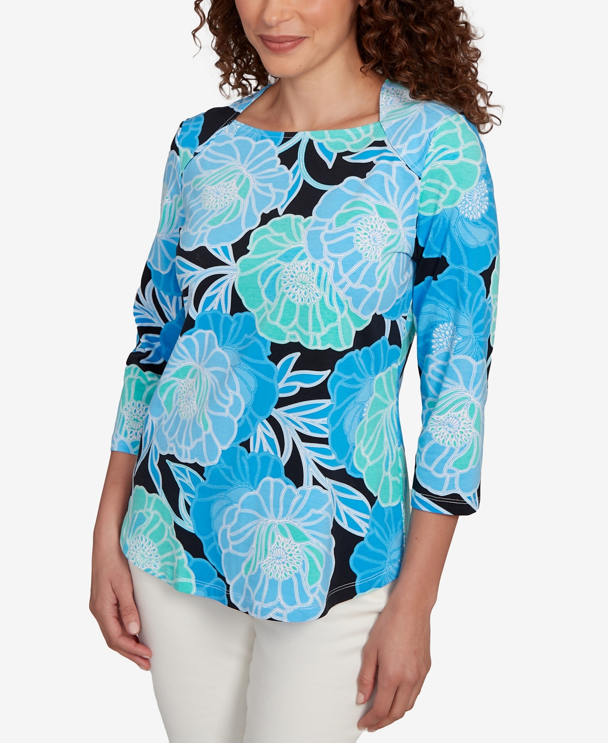 Ruby Rd. Petite Bold Poppies Envelope Neck Top In Blue
