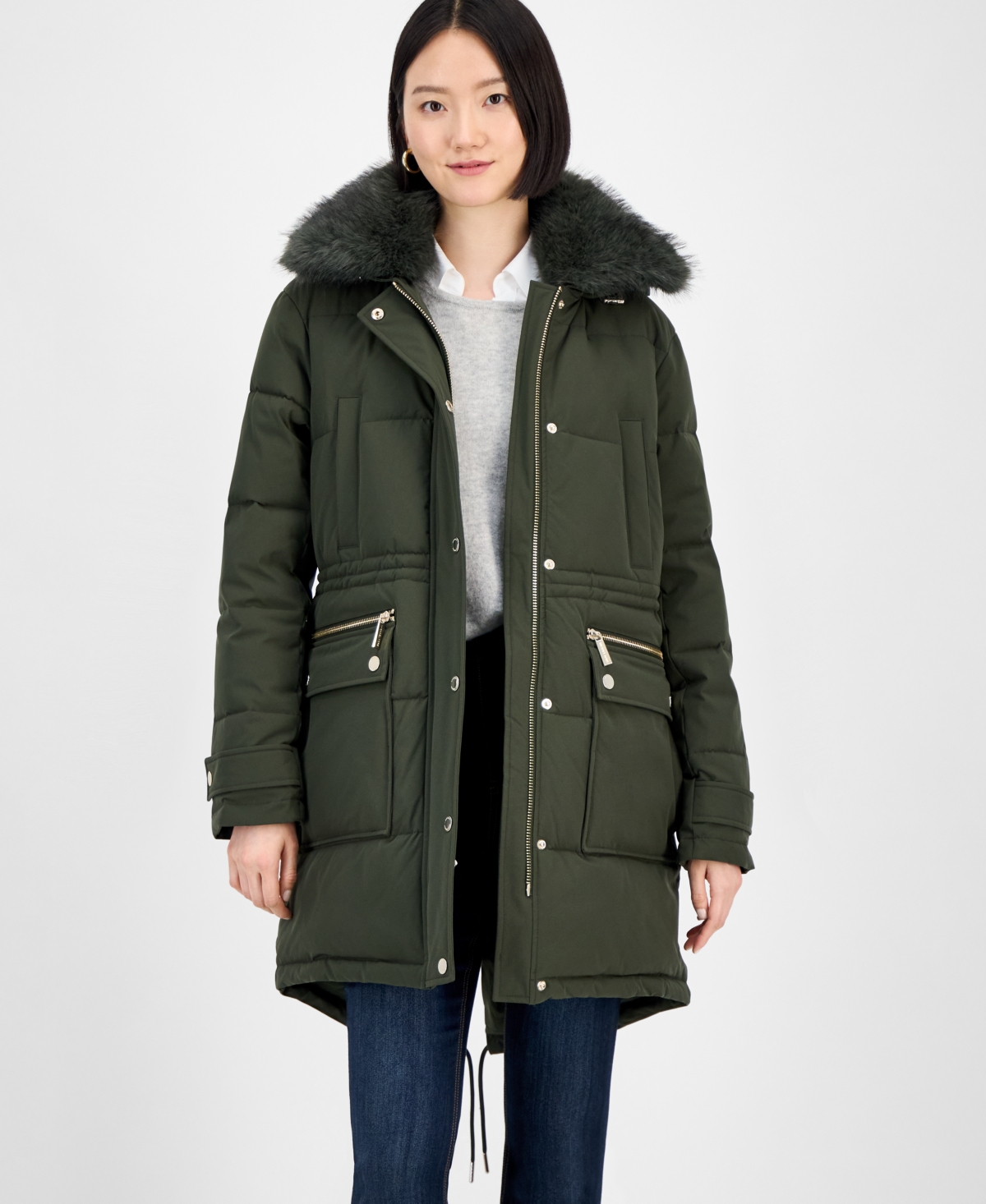 Michael Kors Michael  Women's Faux-fur-trim Hooded Puffer Coat In Green