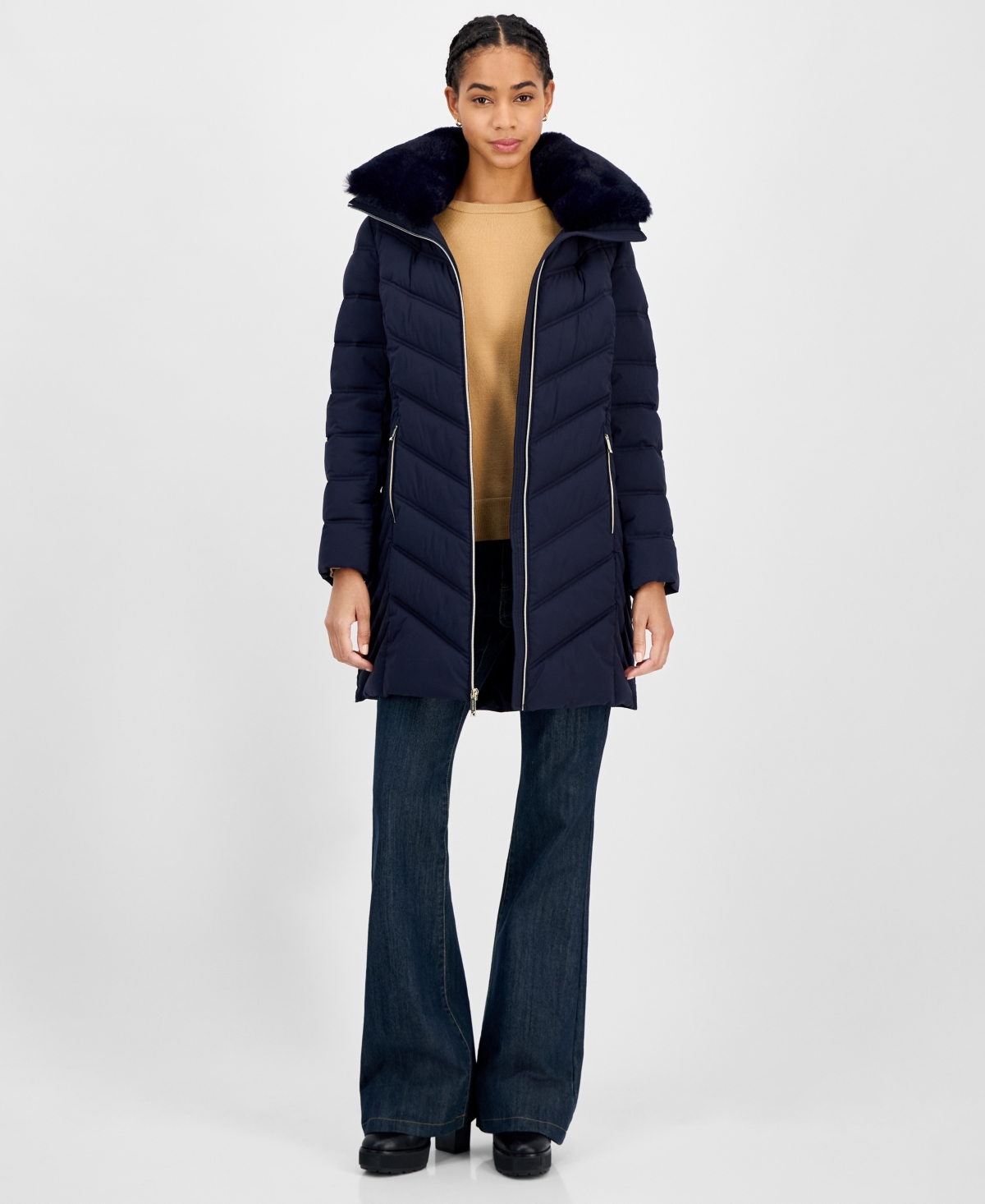 Michael Kors Michael  Women's Faux-fur-trim Hooded Puffer Coat In Blue