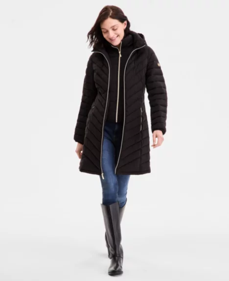 Petite Hooded Bibbed Puffer Coat - Black