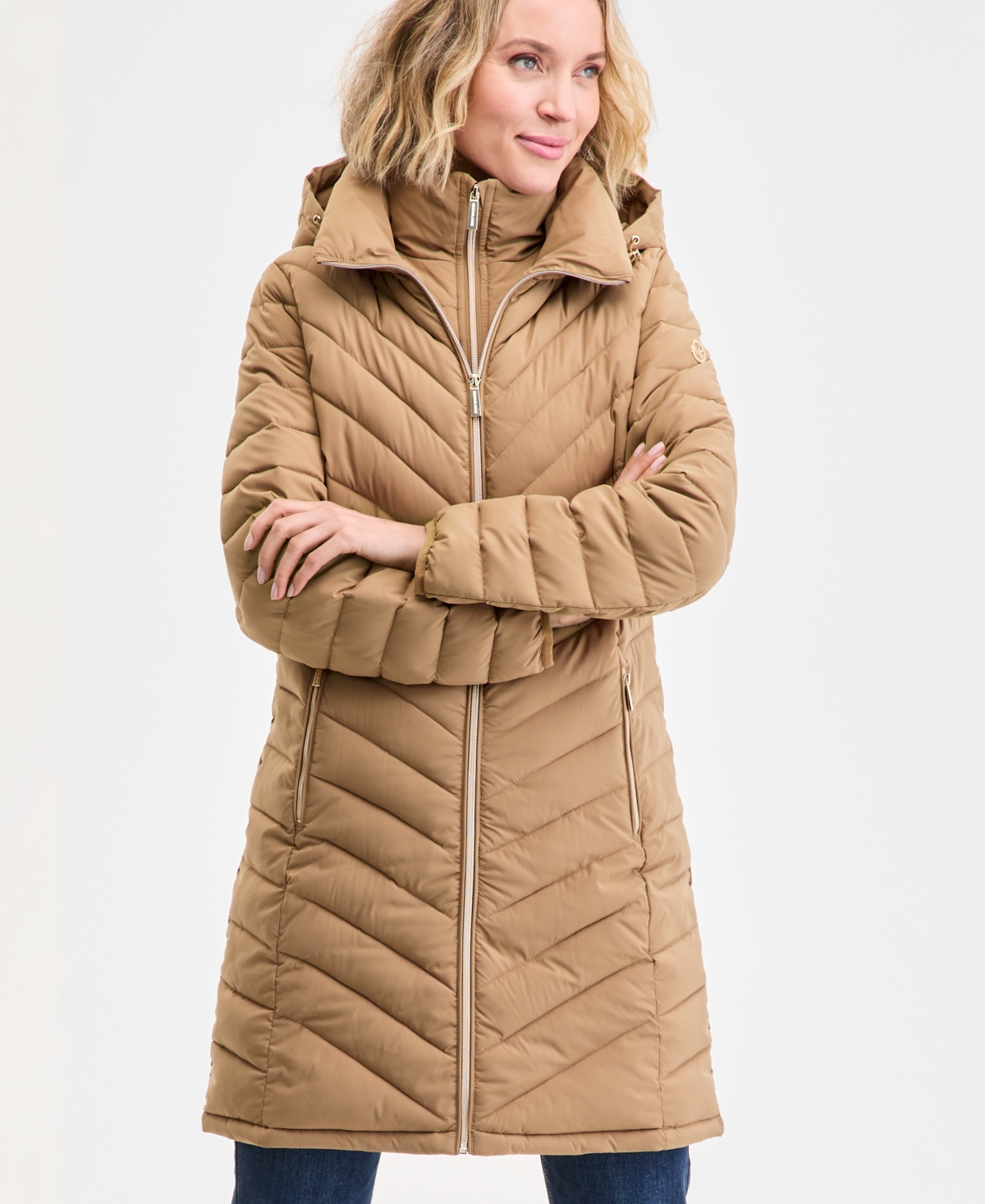 Michael Kors Michael  Petite Hooded Bibbed Puffer Coat In Brown