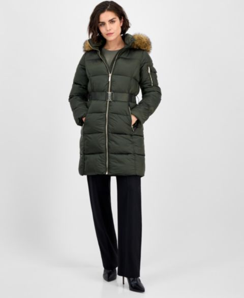 Женские куртки MICHAEL Michael Kors Michael Kors Women's Belted Hooded Faux-Fur-Trim Puffer Coat