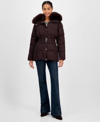 Michael Kors - Women's Belted Hooded Faux-Fur-Collar Puffer Coat