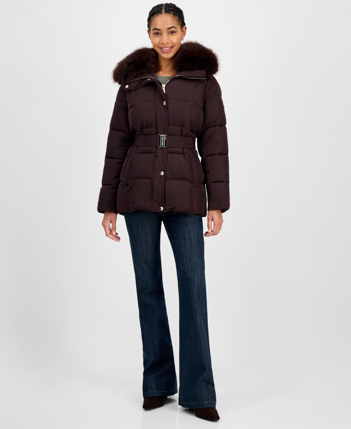 Michael Kors Michael  Women's Belted Hooded Faux-fur-collar Puffer Coat, Exclusively At Macy's In Brown