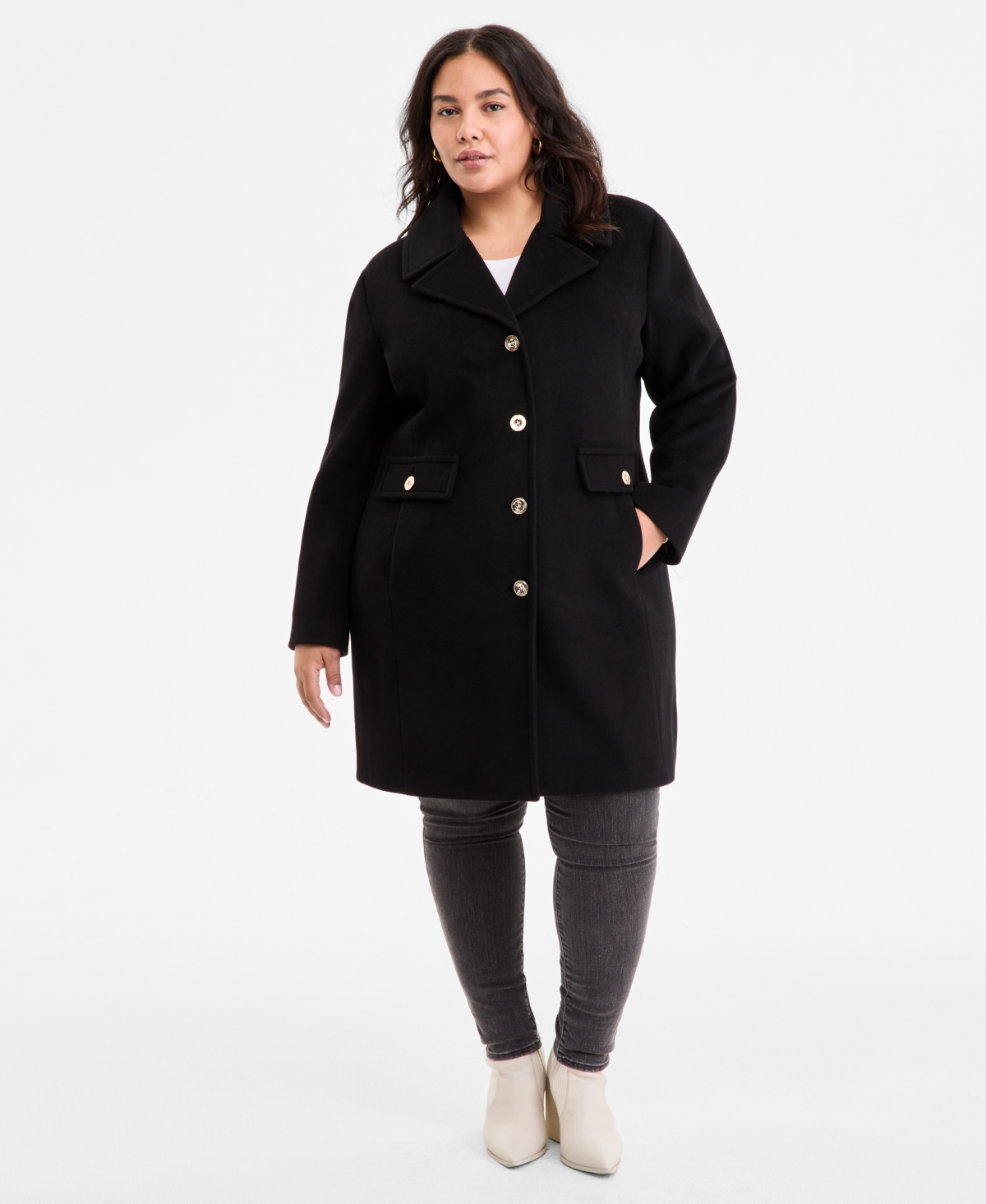 Michael Kors Michael  Plus Size Collared Button-front Coat, Exclusively At Macy's In Black