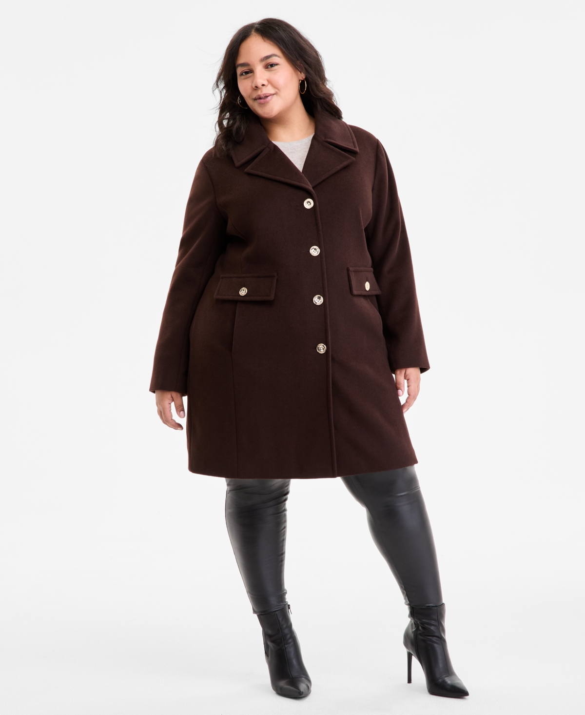 Michael Kors Michael  Plus Size Collared Button-front Coat, Exclusively At Macy's In Brown