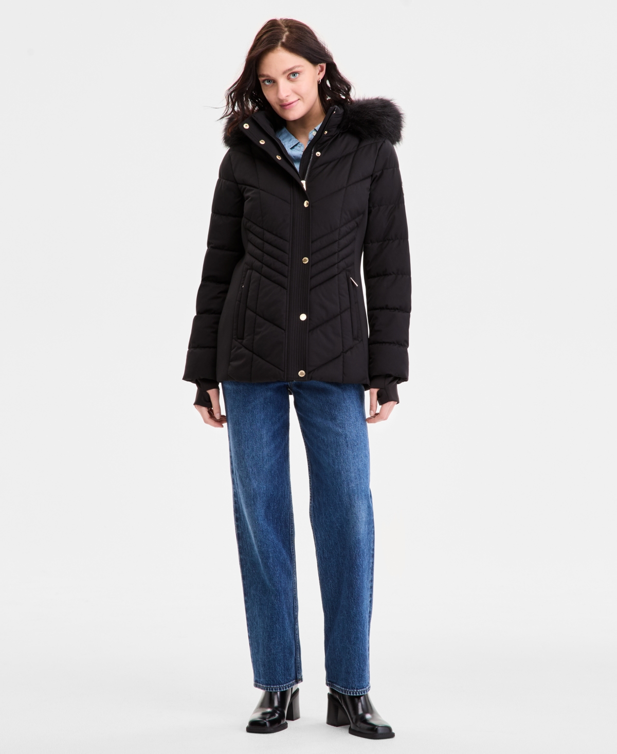 Michael Kors Michael  Women's Faux-fur-trim Hooded Puffer Coat, Exclusively At Macy's In Black