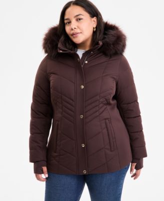 Plus Size Faux-Fur-Trim Hooded Puffer Coat, Exclusively at Macy's