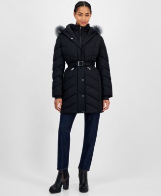 Michael Kors - Women's Faux-Fur-Trim Hooded Belted Puffer Coat