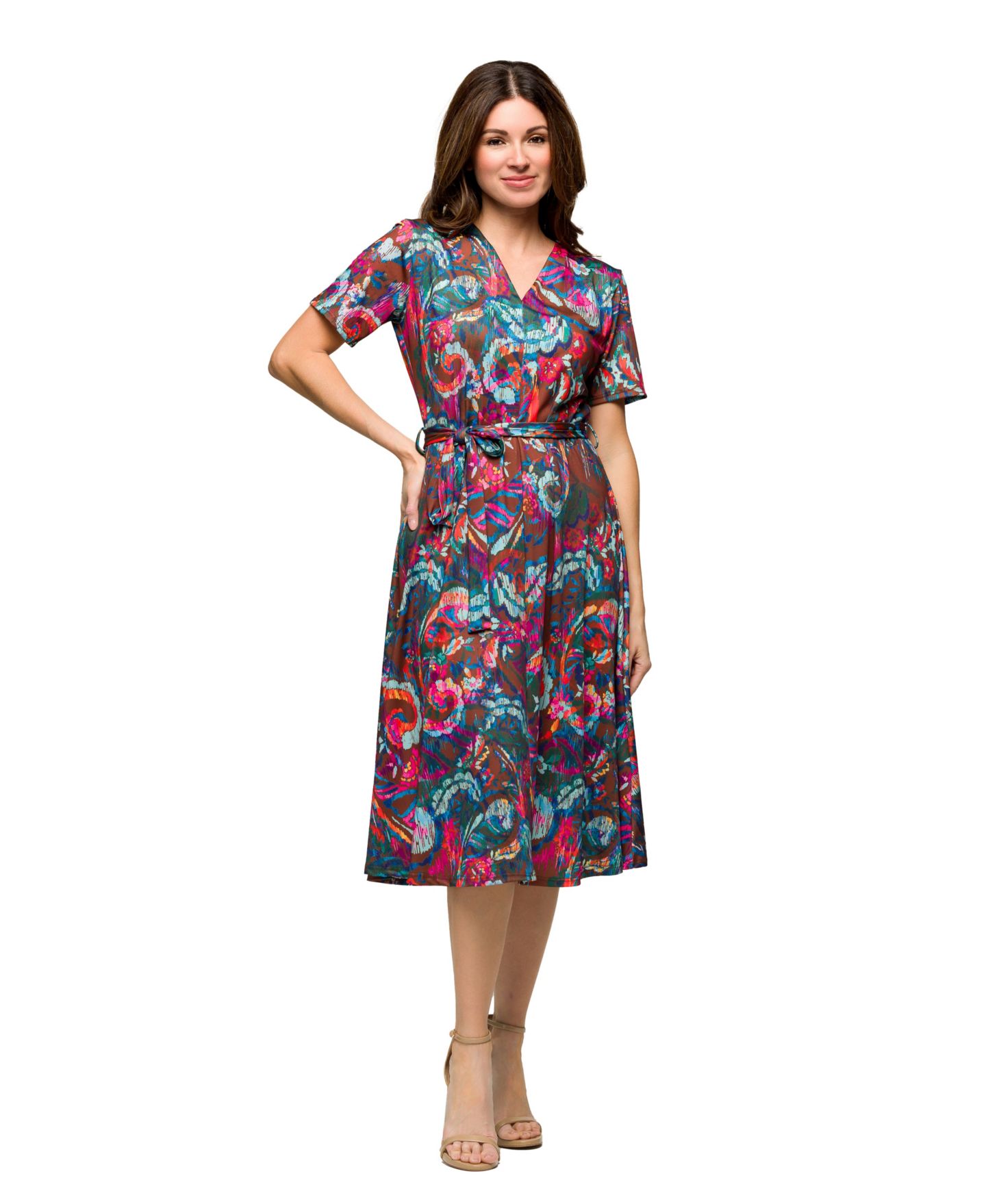 Женское платье 24seven Comfort Apparel Short Sleeve Tie Waist Midi, цвет: Розовый разноцветный — фото 3