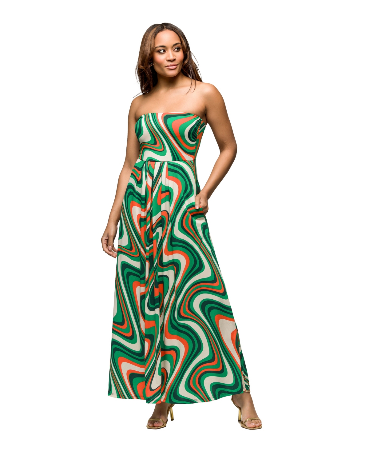 24seven Comfort Apparel Green Print A-line Strapless Maxi Dress With Pockets In Green Mult