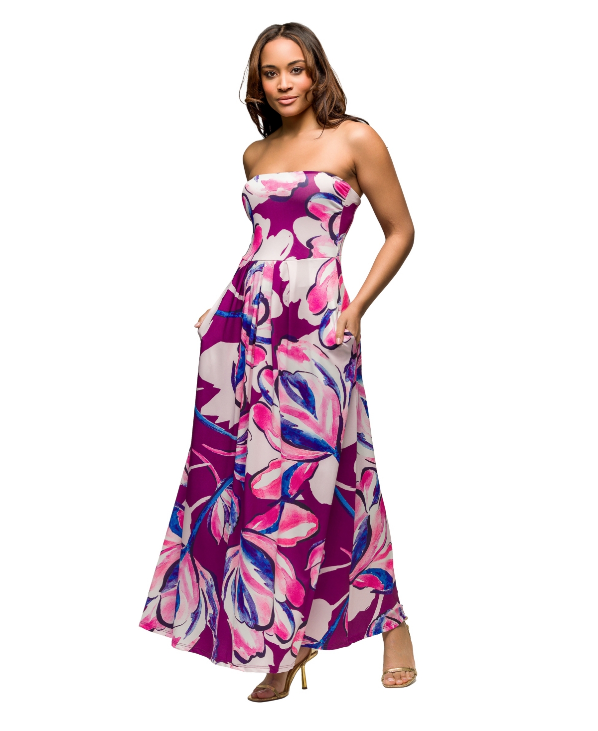 24seven Comfort Apparel Maternity Purple Floral A-line Strapless Maxi Dress With Pockets In White Mult