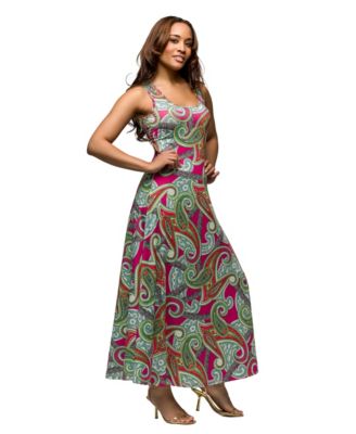Women's Hot Pink Paisley Print Scoop Neck A Line Sleeveless Maxi Dress