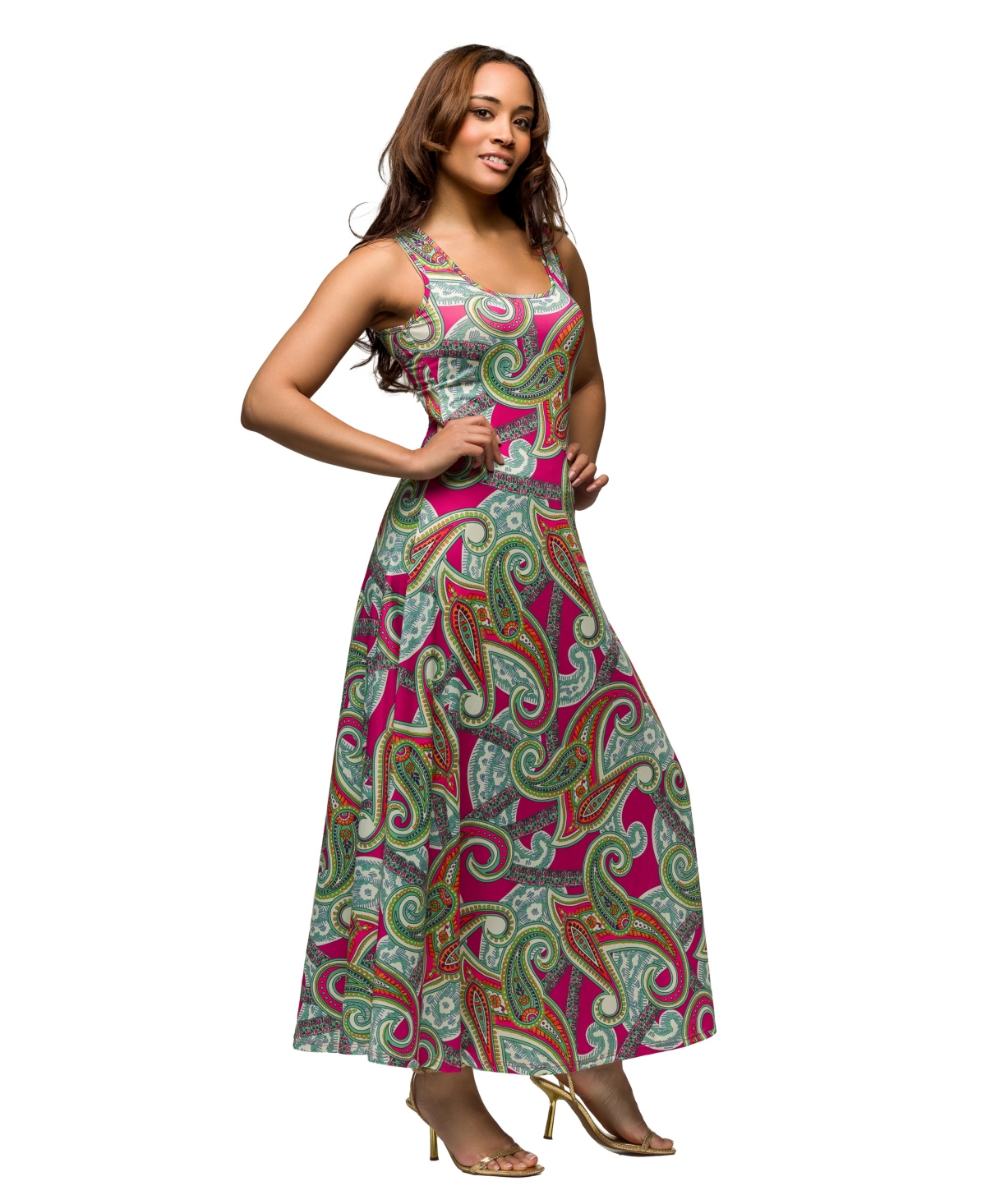 24seven Comfort Apparel Maternity Hot Pink Paisley Print Scoop Neck A-line Sleeveless Maxi Dress In Pink Multi