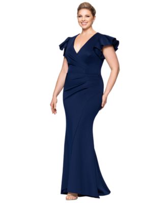 Plus Size Gathered-Waist Flutter-Sleeve Evening Gown