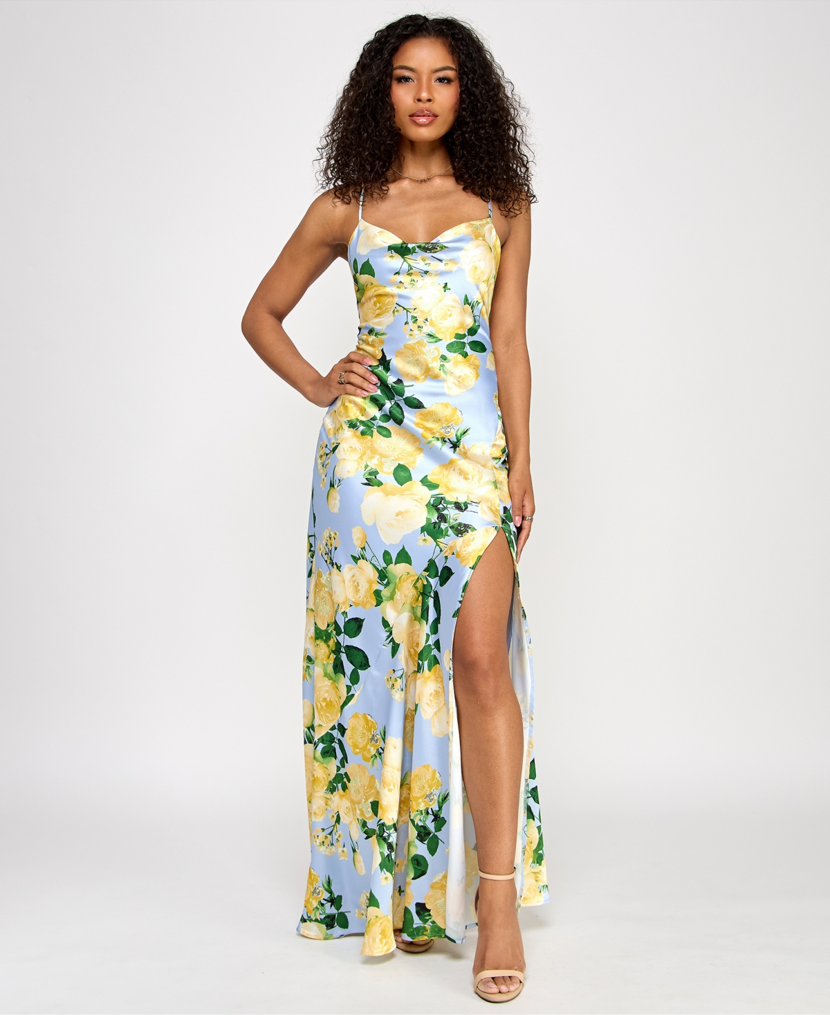 KATIA RAE JUNIORS' FLORAL-PRINT X-BACK GOWN 