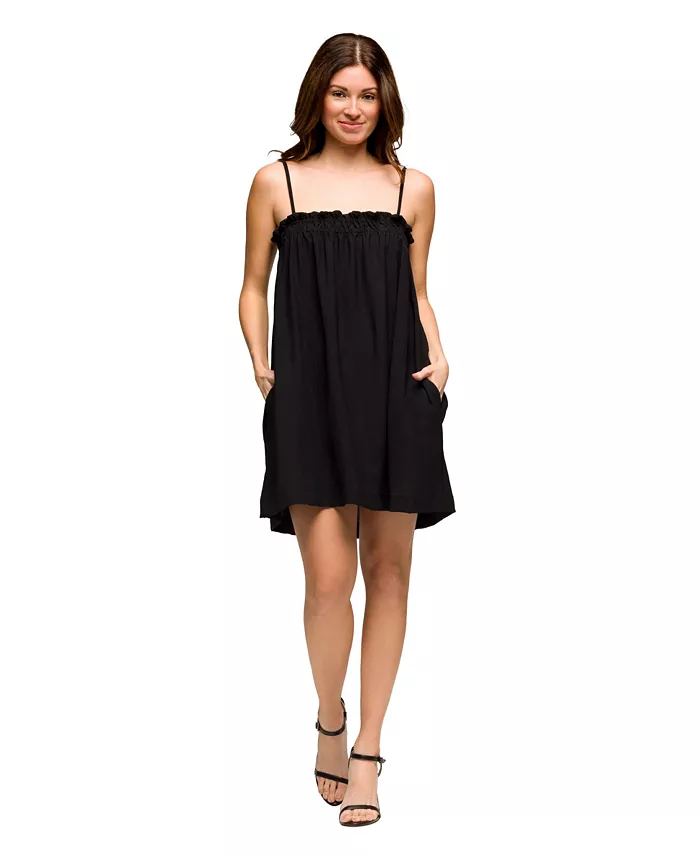 Women's Square Neck Spaghetti Strap Smocked Pocket Mini Dress