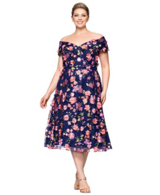 XSCAPE - Plus Size 3D-Floral Embroidered Off-The-Shoulder Dress