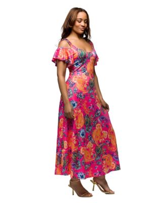 Women's Pink Paisley Cold Sholder Ruffle Sleeve A Line Maxi Dress